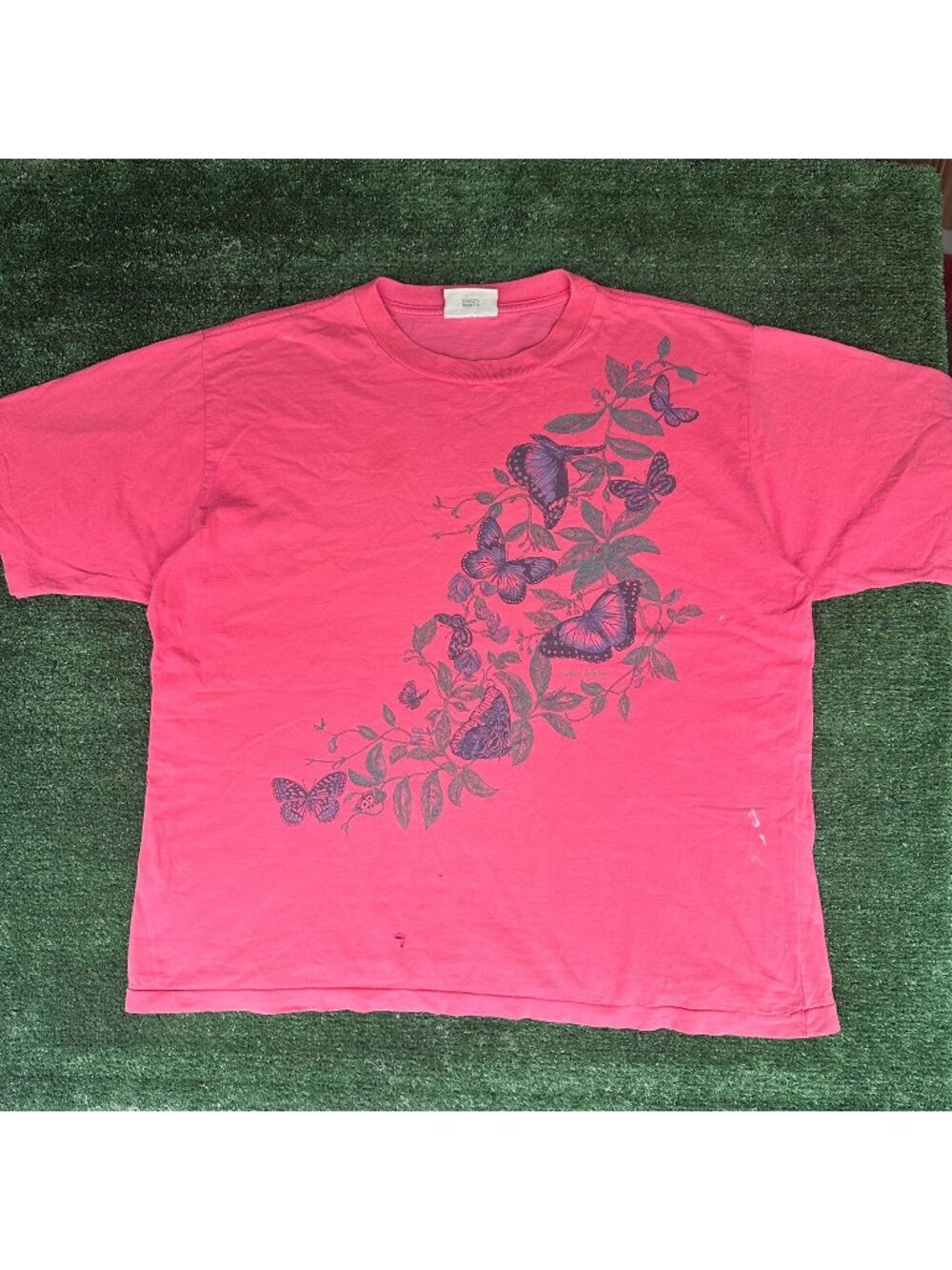 Vintage 90s Floral Butterfly T-Shirt Pink XL Single Stitch Cottage Garden Nature
